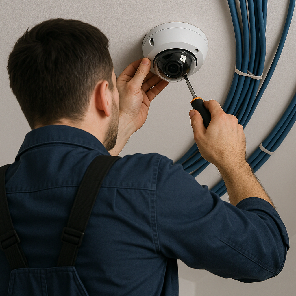 Technicien installant une caméra de surveillance au plafond avec tournevis