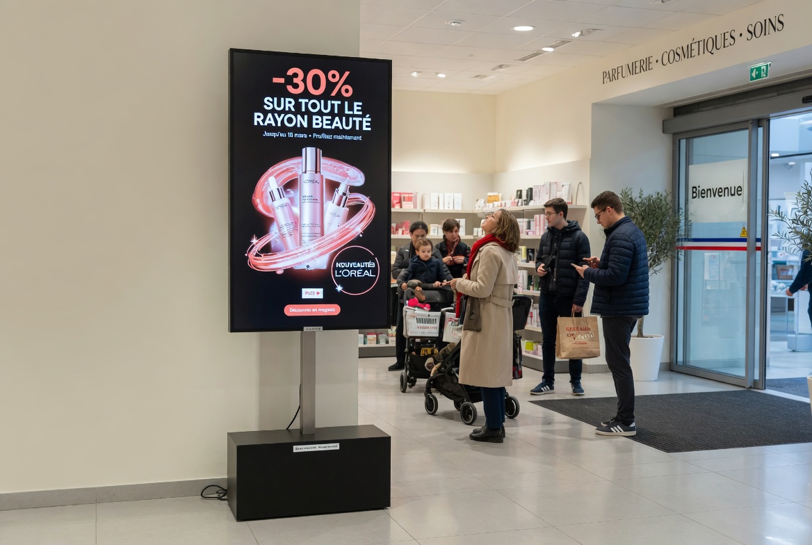 Totem vitrine LED autonome pour magasin – Groupe SGS Île-de-France